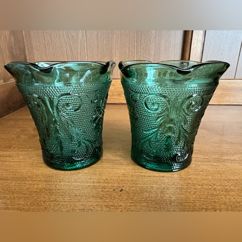2 RARE vintage Indiana glass teal green sandwich, pattern drinking glasses 6 oz.
